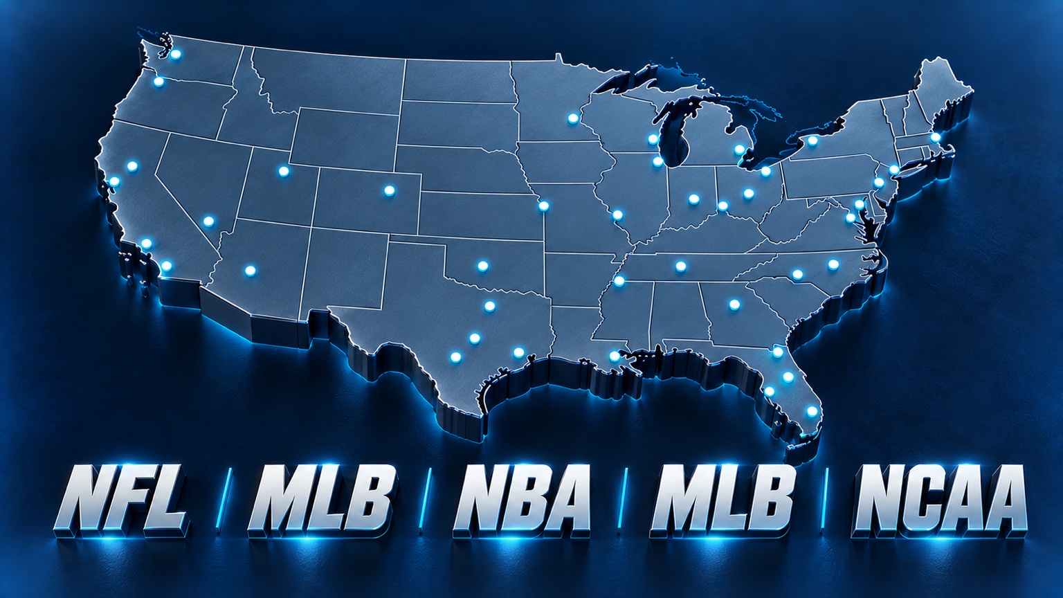 United States sports city map with professional and college sports lettering
